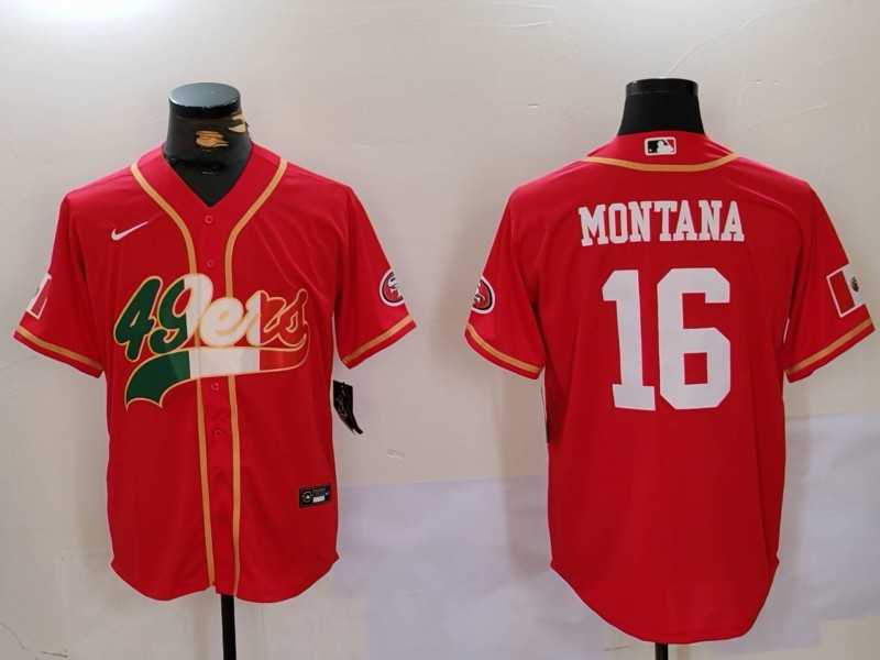 Mens San Francisco 49ers #16 Joe Montana Red With Patch Cool Base Stitched Baseball Jersey